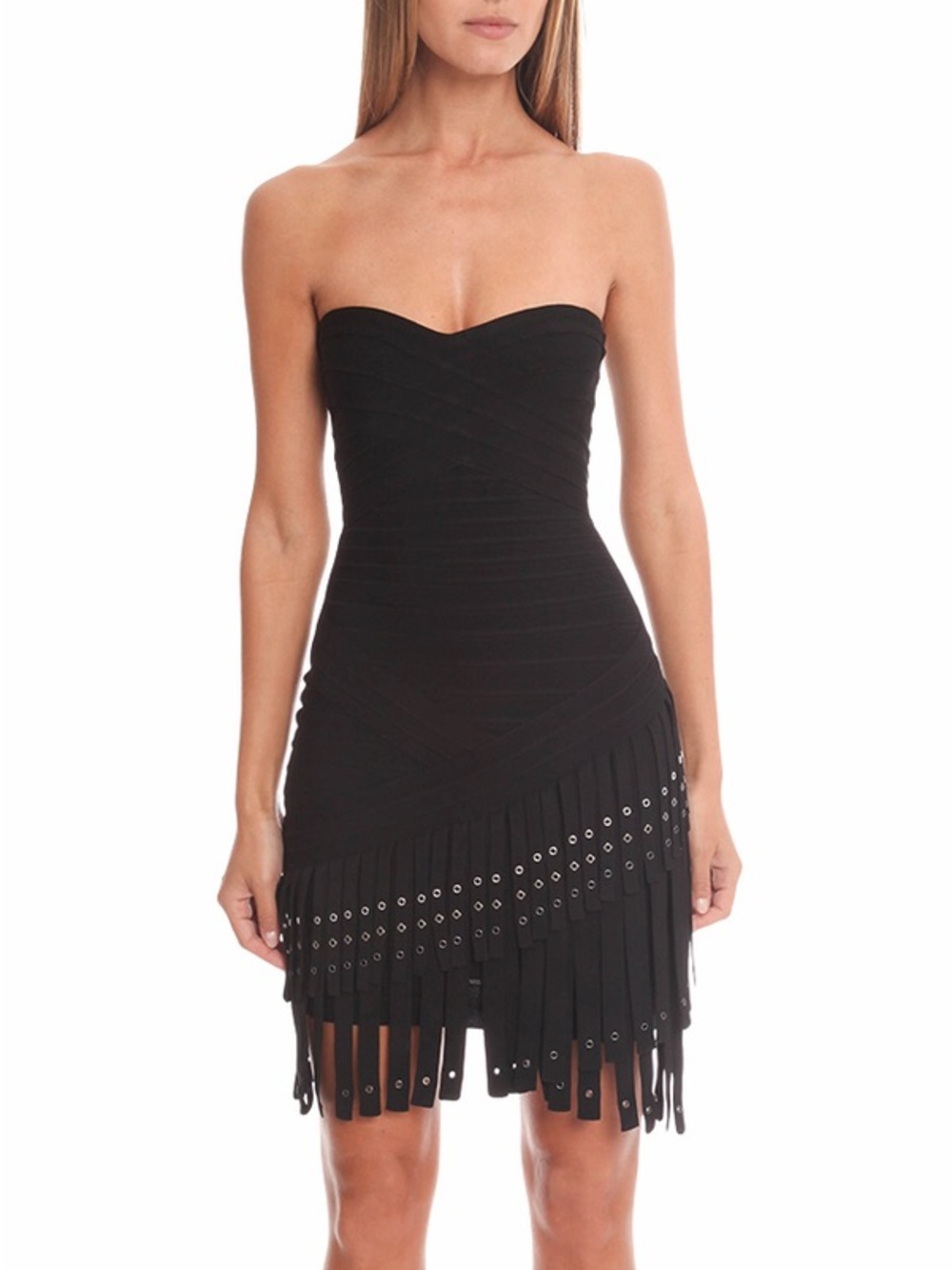HERVE LEGER BELINA ASYMMETRIC FRINGE METAL EYELET